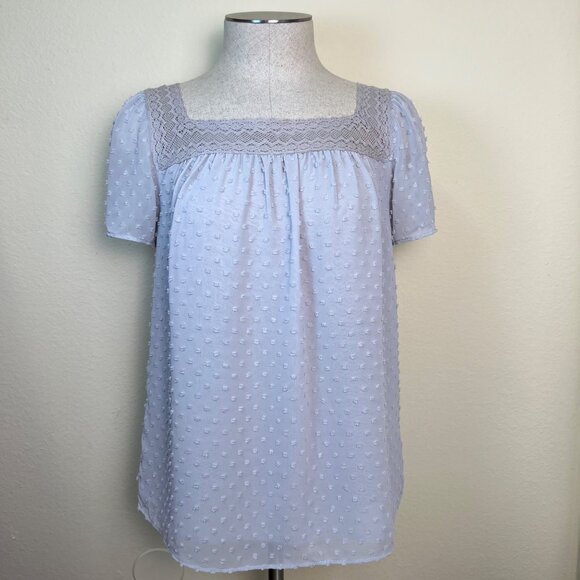 J. CREW Gray Swiss Dot Lace Trim Sheer Top Short Sleeve Blouse Size 0 - Picture 1 of 8